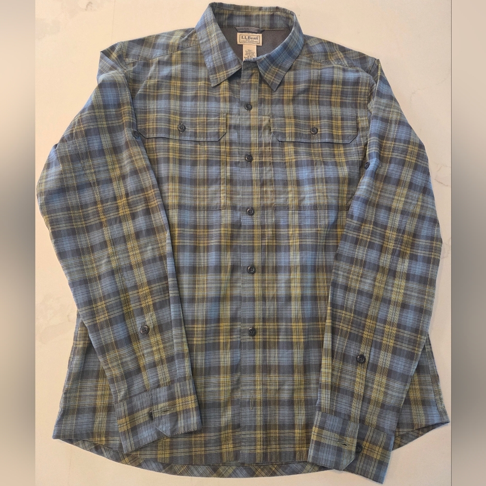 L.L. Bean Hiking Casual Outdoor Adventure Plaid Shirt in Blue and Green